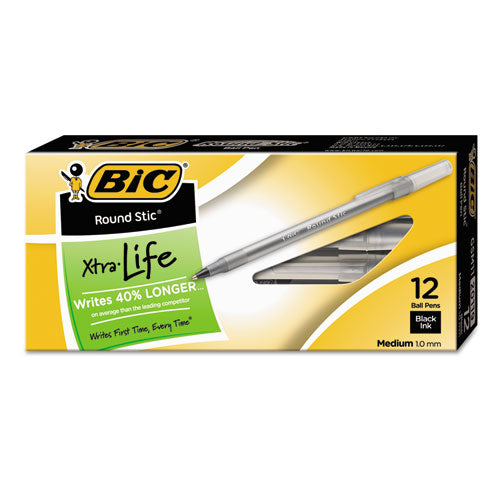 Round Stic Xtra Life Ballpoint Pen, Stick, Medium 1 mm, Black Ink, Smoke Barrel, Dozen-(BICGSM11BK)