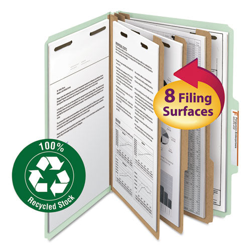 Recycled Pressboard Classification Folders, 3" Expansion, 3 Dividers, 8 Fasteners, Legal Size, Gray-Green, 10/Box-(SMD19093)