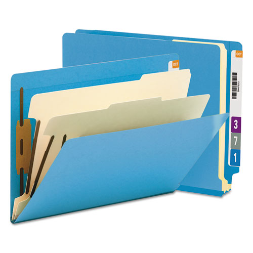 Colored End Tab Classification Folders with Dividers, 2" Expansion, 2 Dividers, 6 Fasteners, Letter Size, Blue, 10/Box-(SMD26836)