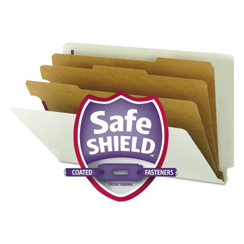 End Tab Pressboard Classification Folders, Eight SafeSHIELD Fasteners, 3" Expansion, 3 Dividers, Legal Size, Gray-Green,10/BX-(SMD29820)