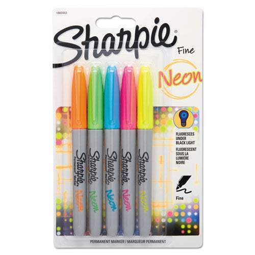 Neon Permanent Markers, Fine Bullet Tip, Assorted Colors, 5/Pack-(SAN1860443)