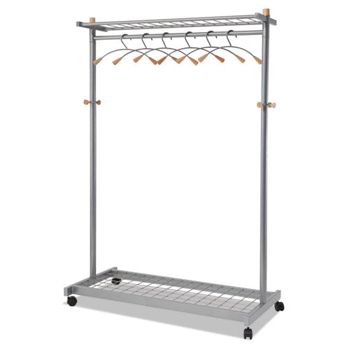 Garment Racks, Two-Sided, 2-Shelf Coat Rack, 6 Hanger/6 Hook, 44.8w x 21.67d x 70.8h, Silver/Wood-(ABAPMLUX6)