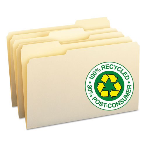 100% Recycled Manila Top Tab File Folders, 1/3-Cut Tabs: Assorted, Legal Size, 0.75" Expansion, Manila, 100/Box-(SMD15339)