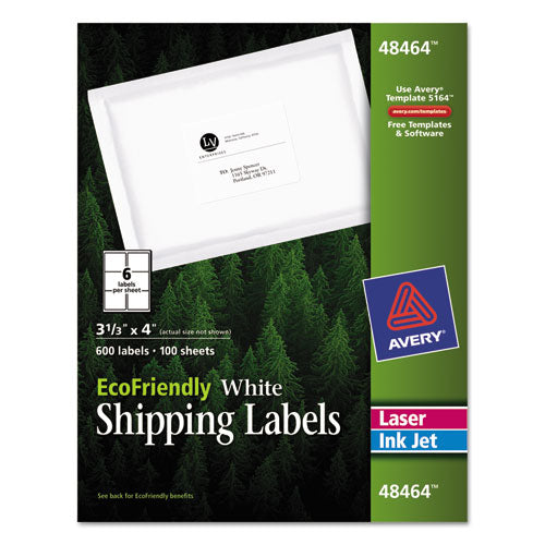 EcoFriendly Mailing Labels, Inkjet/Laser Printers, 3.33 x 4, White, 6/Sheet, 100 Sheets/Pack-(AVE48464)