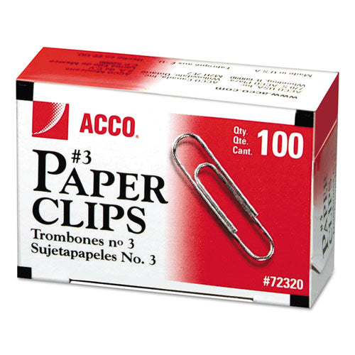 Paper Clips, #3, Smooth, Silver, 100 Clips/Box, 10 Boxes/Pack-(ACC72320)