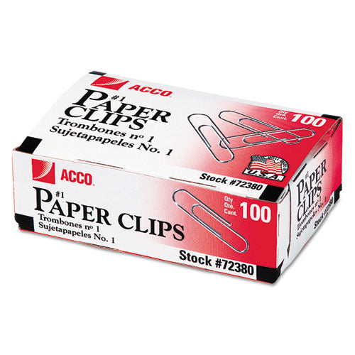 Paper Clips, #1, Smooth, Silver, 100 Clips/Box, 10 Boxes/Pack-(ACC72380)