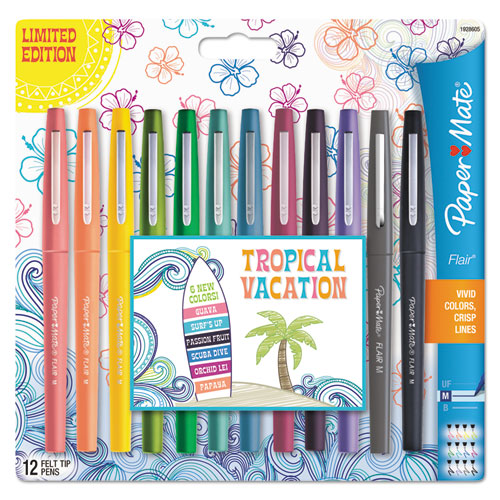 Point Guard Flair Felt Tip Porous Point Pen, Stick, Medium 0.7 mm, Assorted Tropical Vacation Ink and Barrel Colors, Dozen-(PAP1928605)