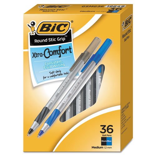 Round Stic Grip Xtra Comfort Ballpoint Pen Value Pack, Easy-Glide, Stick, Medium 1.2mm, Assorted Ink and Barrel Colors, 36/PK-(BICGSMG361AST)