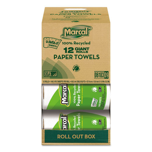 100% Premium Recycled Kitchen Roll Towels, Roll Out Box, 2-Ply, 11 x 5.5, White, 140 Sheets, 12 Rolls/Carton-(MRC6183)