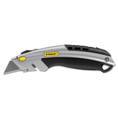 Curved Quick-Change Utility Knife, Stainless Steel Retractable Blade, 3 Blades, 6.5" Metal Handle, Black/Chrome-(BOS10788)
