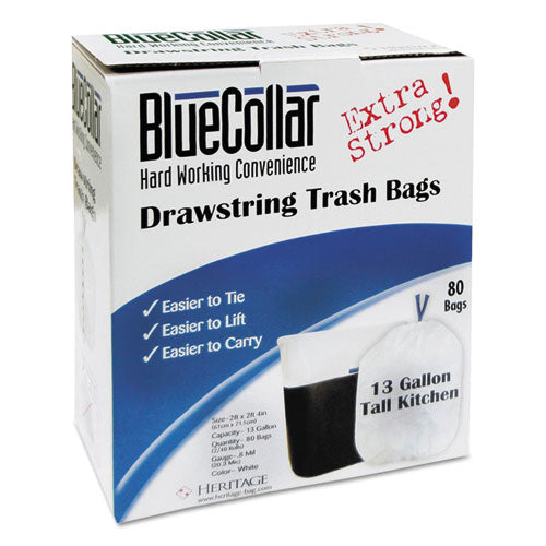 Drawstring Trash Bags, 13 gal, 0.8 mil, 24" x 28", White, 80 Bags/Box, 6 Boxes/Carton-(HERN4828EWRC1CT)