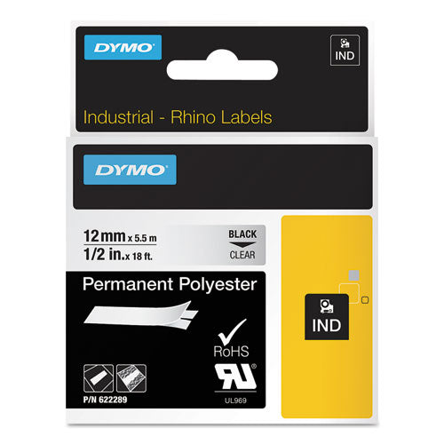 Rhino Permanent Vinyl Industrial Label Tape, 0.5" x 18 ft, Clear/Black Print-(DYM622289)