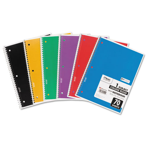 Spiral Notebook, 3-Hole Punched, 1-Subject, Medium/College Rule, Randomly Assorted Cover Color, (70) 10.5 x 7.5 Sheets-(MEA05512)