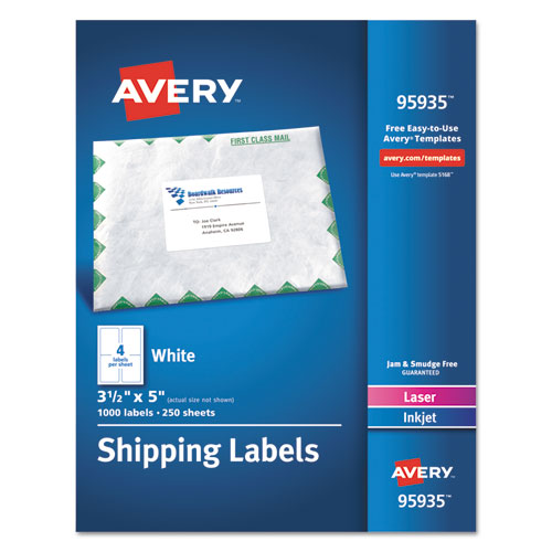 White Shipping Labels-Bulk Packs, Inkjet/Laser Printers, 3.5 x 5, White, 4/Sheet, 250 Sheets/Box-(AVE95935)