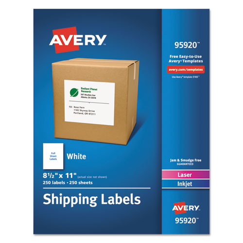 White Shipping Labels-Bulk Packs, Inkjet/Laser Printers, 8.5 x 11, White, 250/Box-(AVE95920)