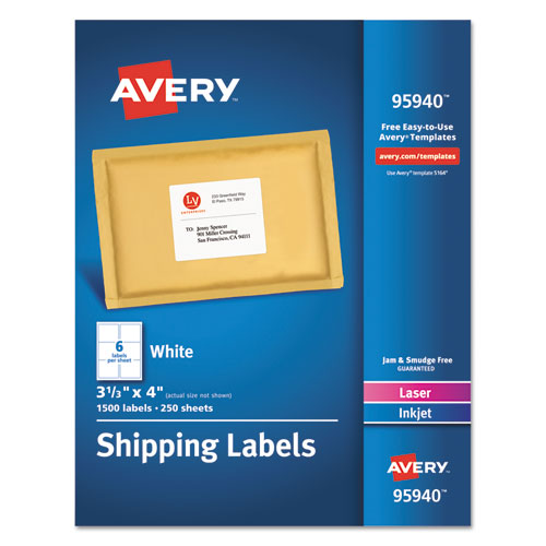 White Shipping Labels-Bulk Packs, Inkjet/Laser Printers, 3.33 x 4, White, 6/Sheet, 250 Sheets/Box-(AVE95940)