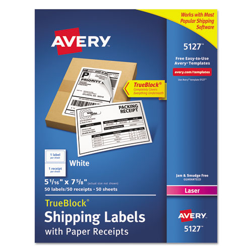 Shipping Labels with Paper Receipt and TrueBlock Technology, Inkjet/Laser Printers, 5.06 x 7.63, White, 50/Pack-(AVE5127)