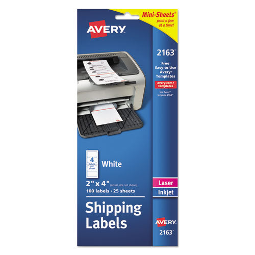 Mini-Sheets Mailing Labels, Inkjet/Laser Printers, 2 x 4, White, 4/Sheet, 25 Sheets/Pack-(AVE2163)