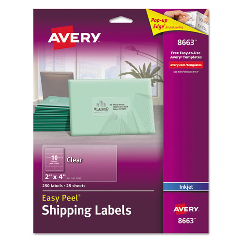 Matte Clear Easy Peel Mailing Labels w/ Sure Feed Technology, Inkjet Printers, 2 x 4, Clear, 10/Sheet, 25 Sheets/Pack-(AVE8663)