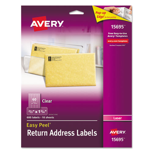 Matte Clear Easy Peel Mailing Labels w/ Sure Feed Technology, Laser Printers, 0.66 x 1.75, Clear, 60/Sheet, 10 Sheets/Pack-(AVE15695)