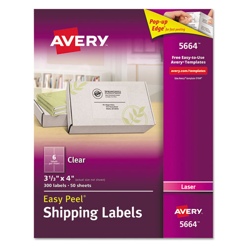 Matte Clear Easy Peel Mailing Labels w/ Sure Feed Technology, Laser Printers, 3.33 x 4, Clear, 6/Sheet, 50 Sheets/Box-(AVE5664)