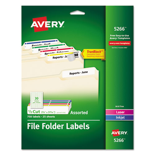 Permanent TrueBlock File Folder Labels with Sure Feed Technology, 0.66 x 3.44, White, 30/Sheet, 25 Sheets/Pack-(AVE5266)