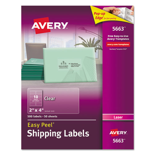 Matte Clear Easy Peel Mailing Labels w/ Sure Feed Technology, Laser Printers, 2 x 4, Clear, 10/Sheet, 50 Sheets/Box-(AVE5663)