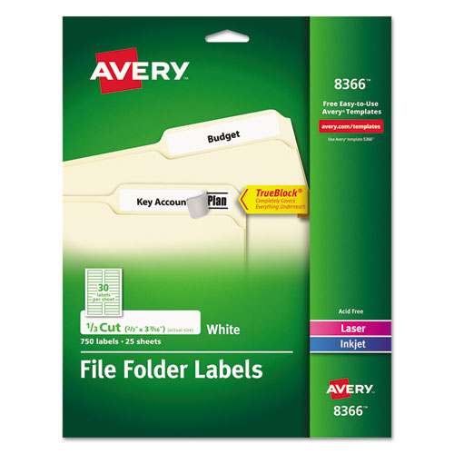 Permanent TrueBlock File Folder Labels with Sure Feed Technology, 0.66 x 3.44, White, 30/Sheet, 25 Sheets/Pack-(AVE8366)