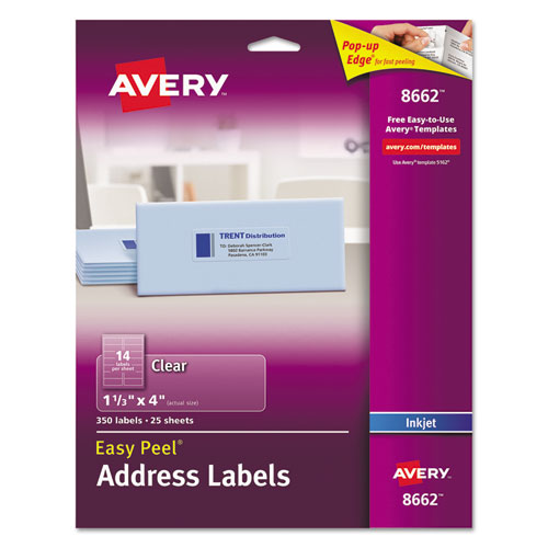 Matte Clear Easy Peel Mailing Labels w/ Sure Feed Technology, Inkjet Printers, 1.33 x 4, Clear, 14/Sheet, 25 Sheets/Pack-(AVE8662)