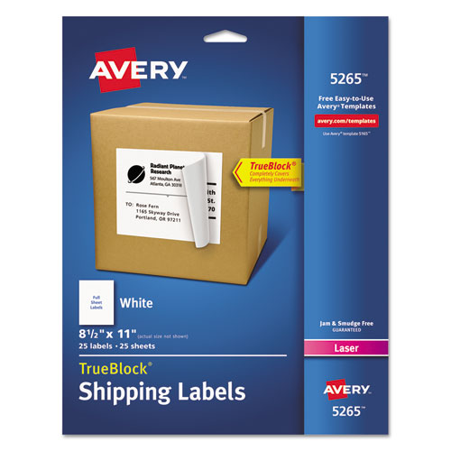 Shipping Labels with TrueBlock Technology, Laser Printers, 8.5 x 11, White, 25/Pack-(AVE5265)