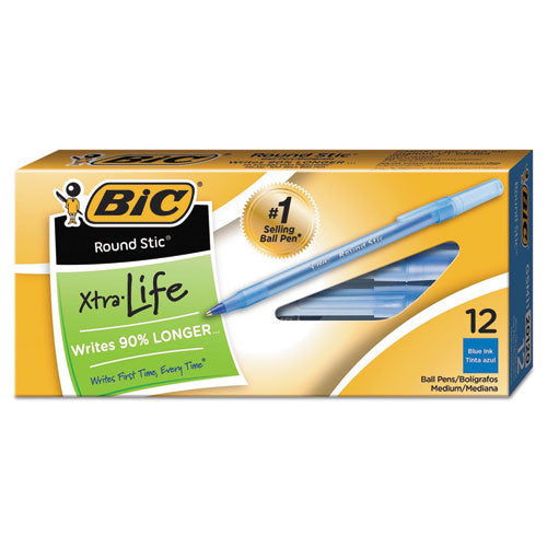 Round Stic Xtra Life Ballpoint Pen, Stick, Medium 1 mm, Blue Ink, Translucent Blue Barrel, Dozen-(BICGSM11BE)