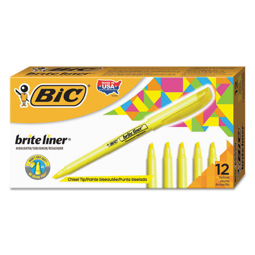 Brite Liner Highlighter, Fluorescent Yellow Ink, Chisel Tip, Yellow/Black Barrel, Dozen-(BICBL11YW)