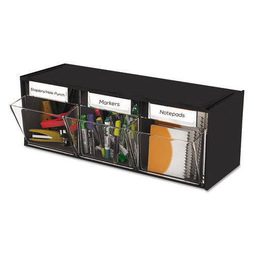 Tilt Bin Interlocking Multi-Bin Storage Organizer, 3 Sections, 23.63" x 7.75" x 9.5", Black/Clear-(DEF20304OP)