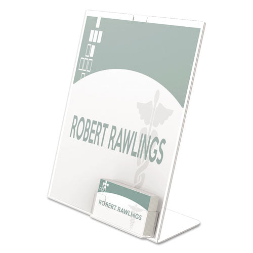 Superior Image Slanted Sign Holder with Business Card Holder, 8.5w x 4.5d x 11h, Clear-(DEF590601)