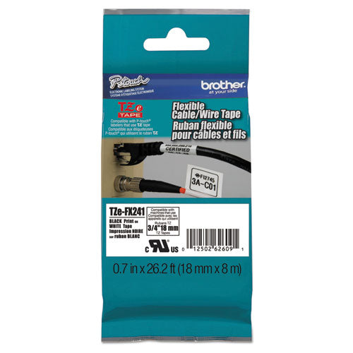 TZe Flexible Tape Cartridge for P-Touch Labelers, 0.7" x 26.2 ft, Black on White-(BRTTZEFX241)