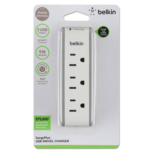 SurgePlus USB Swivel Charger, 3 AC Outlets/2 USB Ports, 918 J, White-(BLKBST300BG)