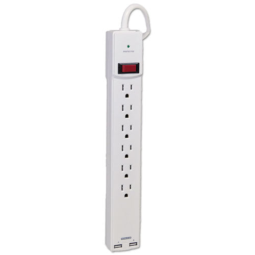 Surge Protector, 6 AC Outlets/2 USB Ports, 6 ft Cord, 1,080 J, White-(IVR71660)