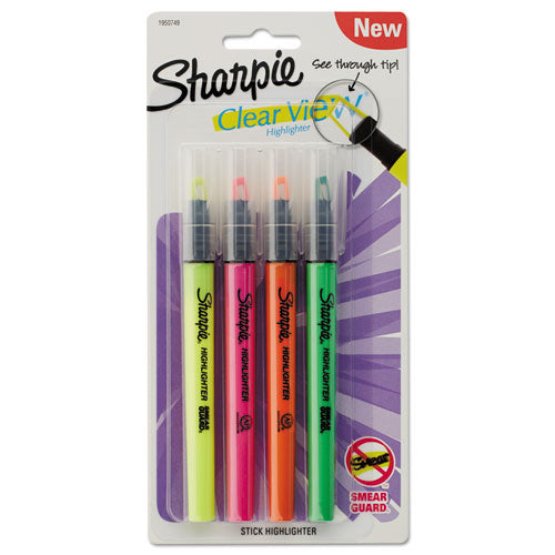 Clearview Pen-Style Highlighter, Assorted Ink Colors, Chisel Tip, Assorted Barrel Colors, 4/Pack-(SAN1950749)