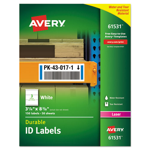 Durable Permanent ID Labels with TrueBlock Technology, Laser Printers, 3.25 x 8.38, White, 3/Sheet, 50 Sheets/Pack-(AVE61531)