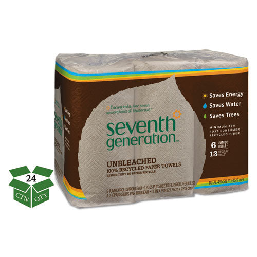 Natural Unbleached 100% Recycled Paper Kitchen Towel Rolls, 2-Ply, 11 x 9, 120/Roll, 24 Rolls/Carton-(SEV13737)