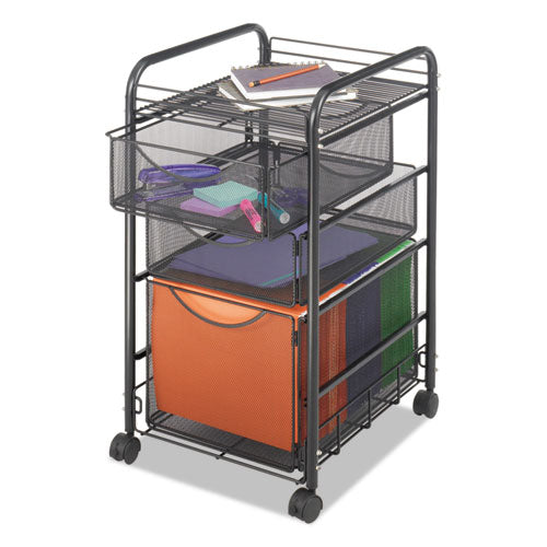 Onyx Mesh Mobile File with Two Supply Drawers, Metal, 1 Shelf, 3 Drawers, 15.75" x 17" x 27", Black-(SAF5213BL)