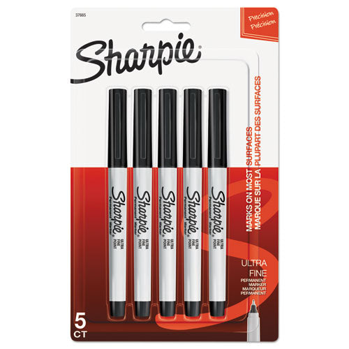 Ultra Fine Tip Permanent Marker, Extra-Fine Needle Tip, Black, 5/Pack-(SAN37665PP)