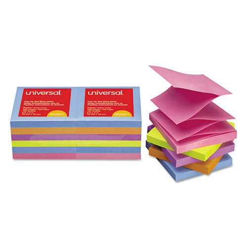 Fan-Folded Self-Stick Pop-Up Note Pads, 3" x 3", Assorted Bright Colors, 100 Sheets/Pad, 12 Pads/Pack-(UNV35611)