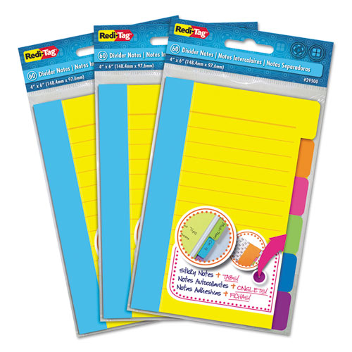 Divider Sticky Notes, 6-Tab Sets, Note Ruled, 4" x 6", Assorted Colors, 60 Sheets/Set, 3 Sets/Box-(RTG10245)