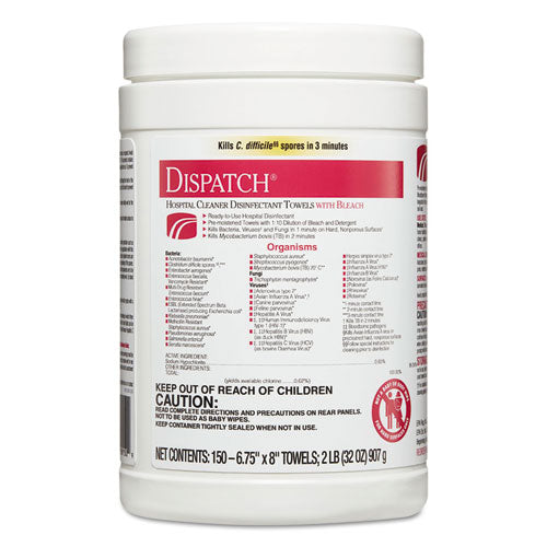 Dispatch Cleaner Disinfectant Towels, 1-Ply, 6.75 x 8, Unscented, White, 150/Canister-(CLO69150EA)