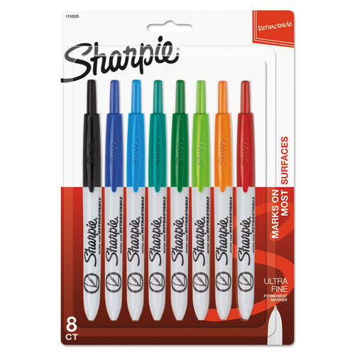 Retractable Permanent Marker, Extra-Fine Needle Tip, Assorted Colors, 8/Set-(SAN1742025)