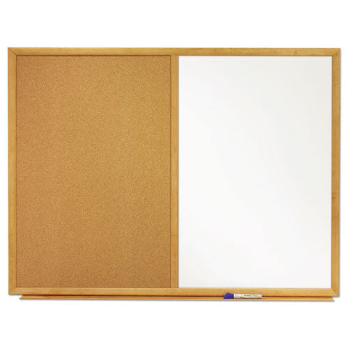Bulletin/Dry-Erase Board, Melamine/Cork, 48 x 36, White/Brown Surface, Oak Finish Frame-(QRTS554)