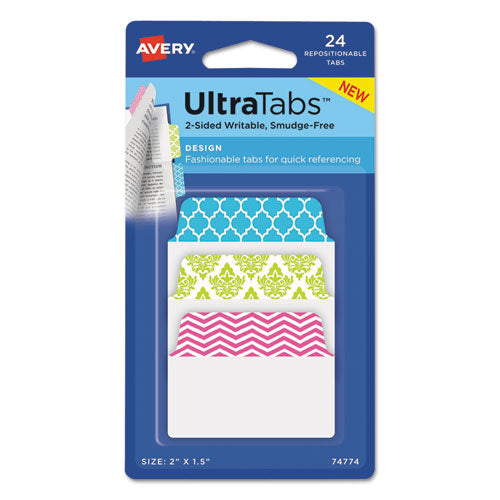 Ultra Tabs Repositionable Tabs, Fashion Patterns: 2" x 1.5", 1/5-Cut, Assorted Colors, 24/Pack-(AVE74774)