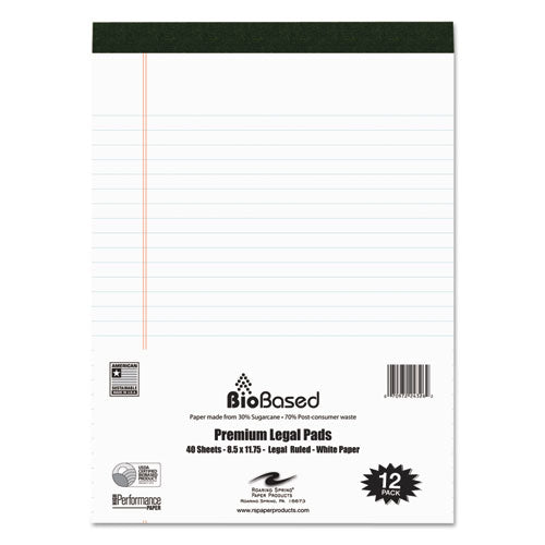 USDA Certified Bio-Preferred Legal Pad, Wide/Legal Rule, 40 White 8.5 x 11.75 Sheets, 12/Pack-(ROA24326)