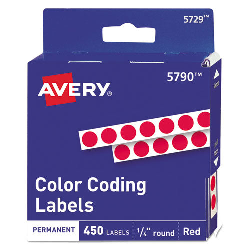 Handwrite-Only Permanent Self-Adhesive Round Color-Coding Labels in Dispensers, 0.25" dia, Red, 450/Roll, (5790)-(AVE05790)